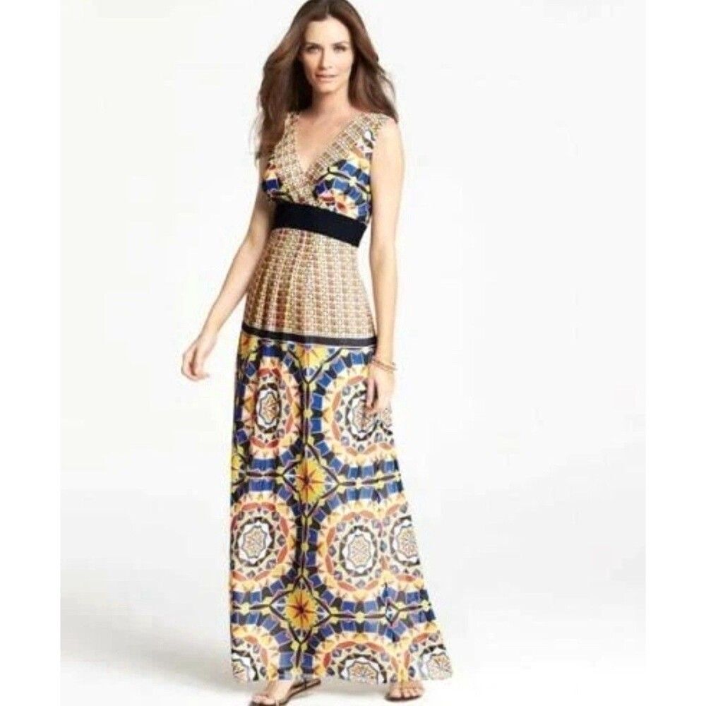 Ann Taylor Multicolor Kaleidoscope Maxi Dress Size 14 Sleeveless Lined Side Zip